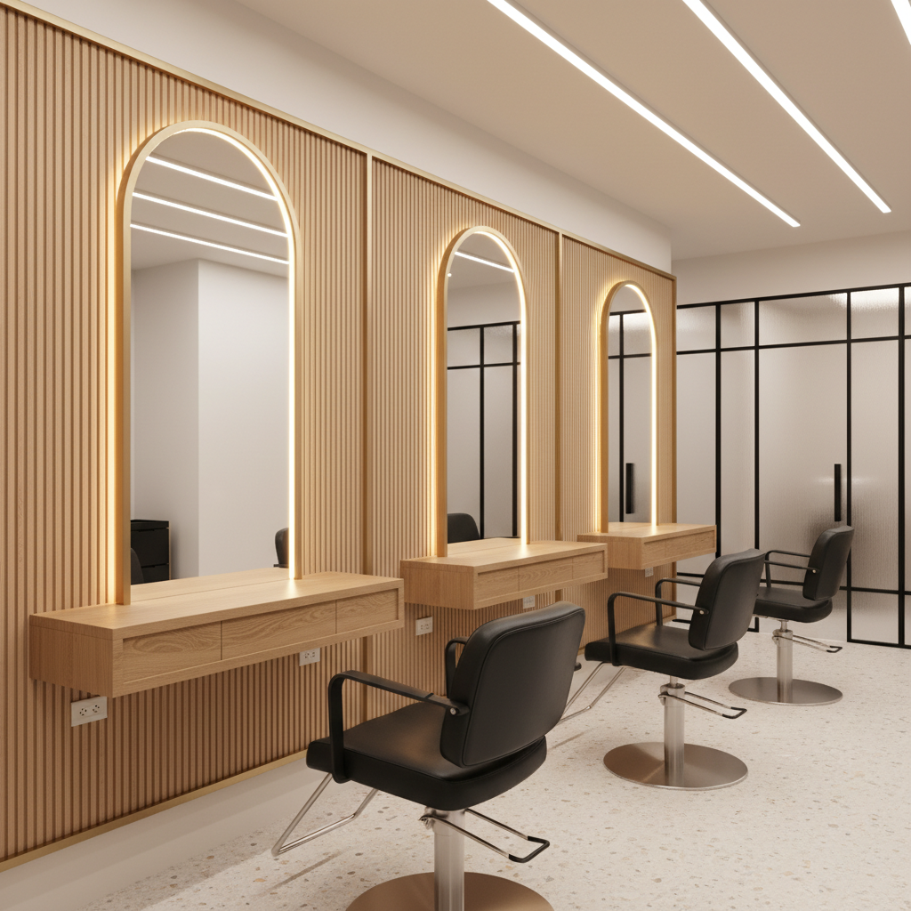 A contemporary salon and spa interior, focusing on a row of styling stations integrated into a custom wall panel system. Each station has a full-height, backlit arched mirror framed in brushed champagne metal, with a floating oak shelf and concealed cable management. Below, pale terrazzo flooring with subtle stone chips reflects soft, diffused downlights. The background reveals frosted glass partitions with black metal frames leading to treatment rooms. Ambient lighting comes from recessed linear LEDs and concealed cove lights, producing a gentle, flattering glow. Photographic realism, captured from an oblique angle down the row of stations, with a sense of depth and crisp detailing. The mood is serene, hygienic, and premium, conveying expert turnkey interior solutions for salons and spas.